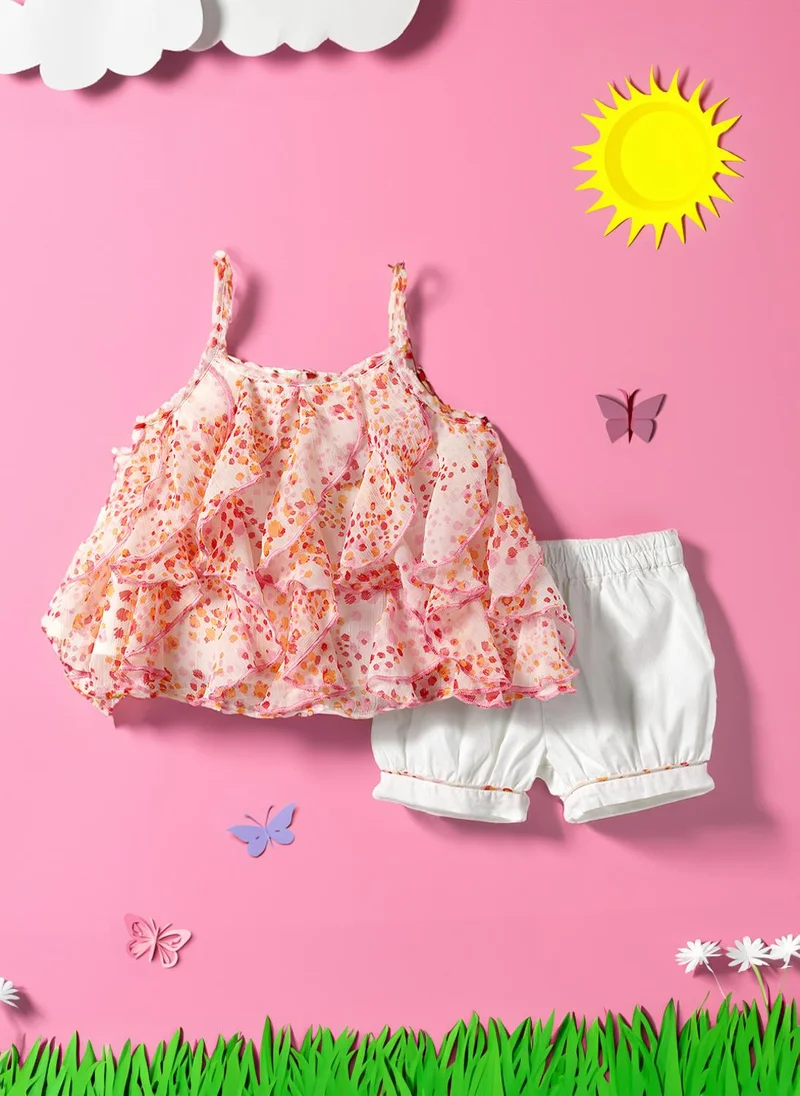 Nautinati Girls' Chiffon Blend All-over Floral Print Ruffled Top & Shorts Co-ord Set